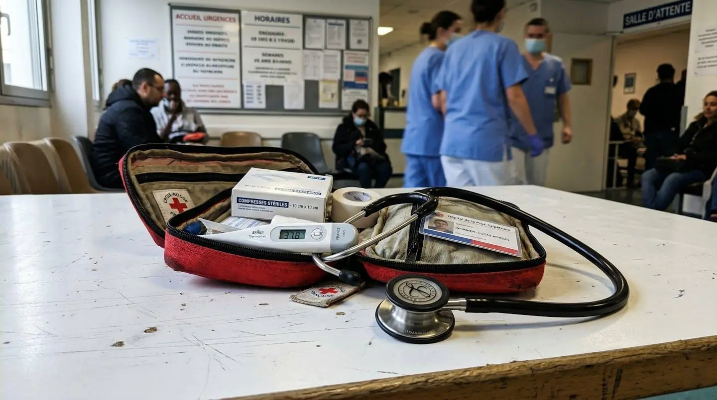 Mallette de soins médicaux posée sur une table blanche avec stéthoscope et matériel dentaire léger en fond flou.