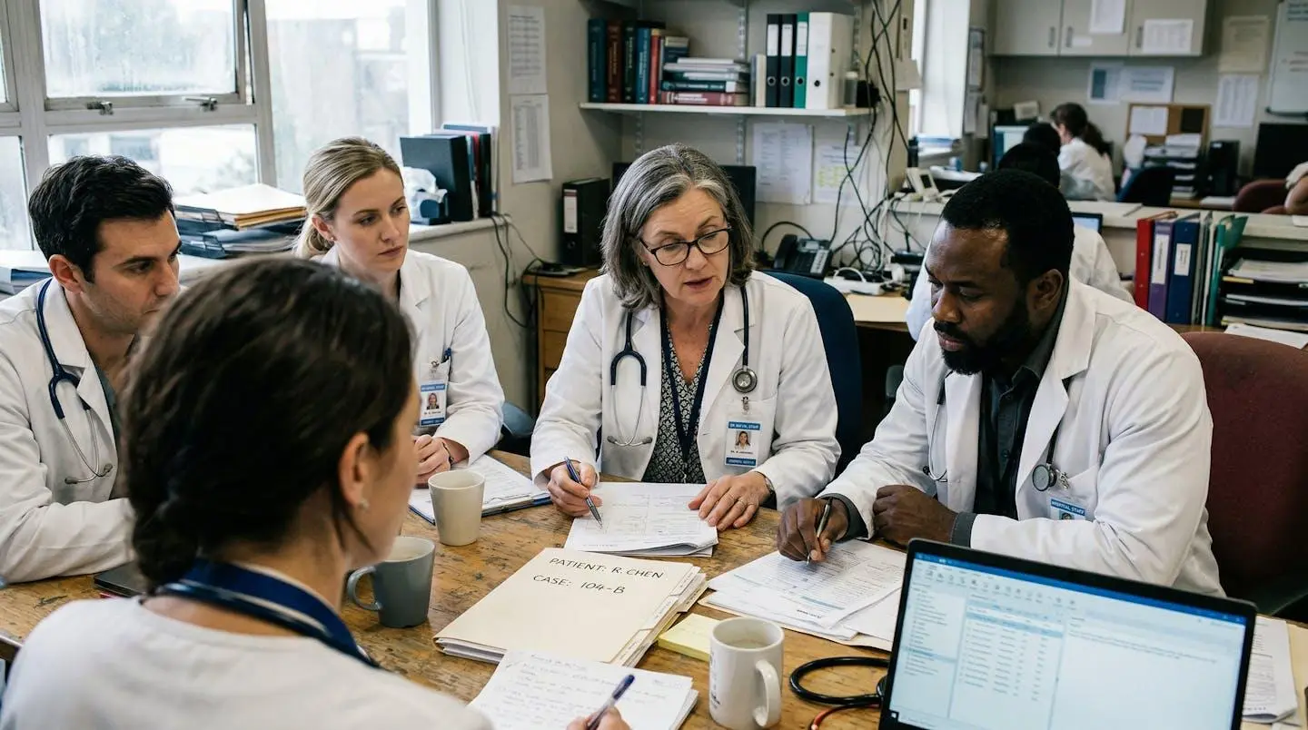 Professionnels de santé en blouses blanches discutant autour d'un bureau en regardant des dossiers médicaux.