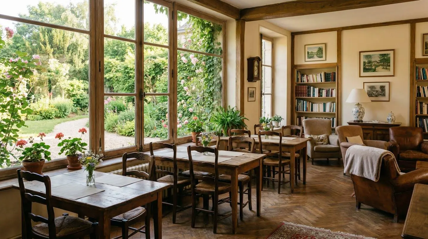 Salle commune lumineuse d'un établissement médical avec tables rangées et vue sur un jardin verdoyant ensoleillé.
