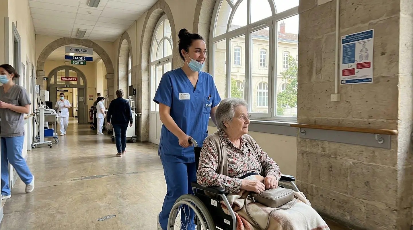 Une infirmière souriante accompagne une résidente âgée en fauteuil roulant dans un couloir lumineux avec architecture moderne.